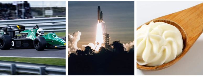 3 images: racing car, rocket launching and whipped cream showing 3 different industries where nitrous oxide is used. 